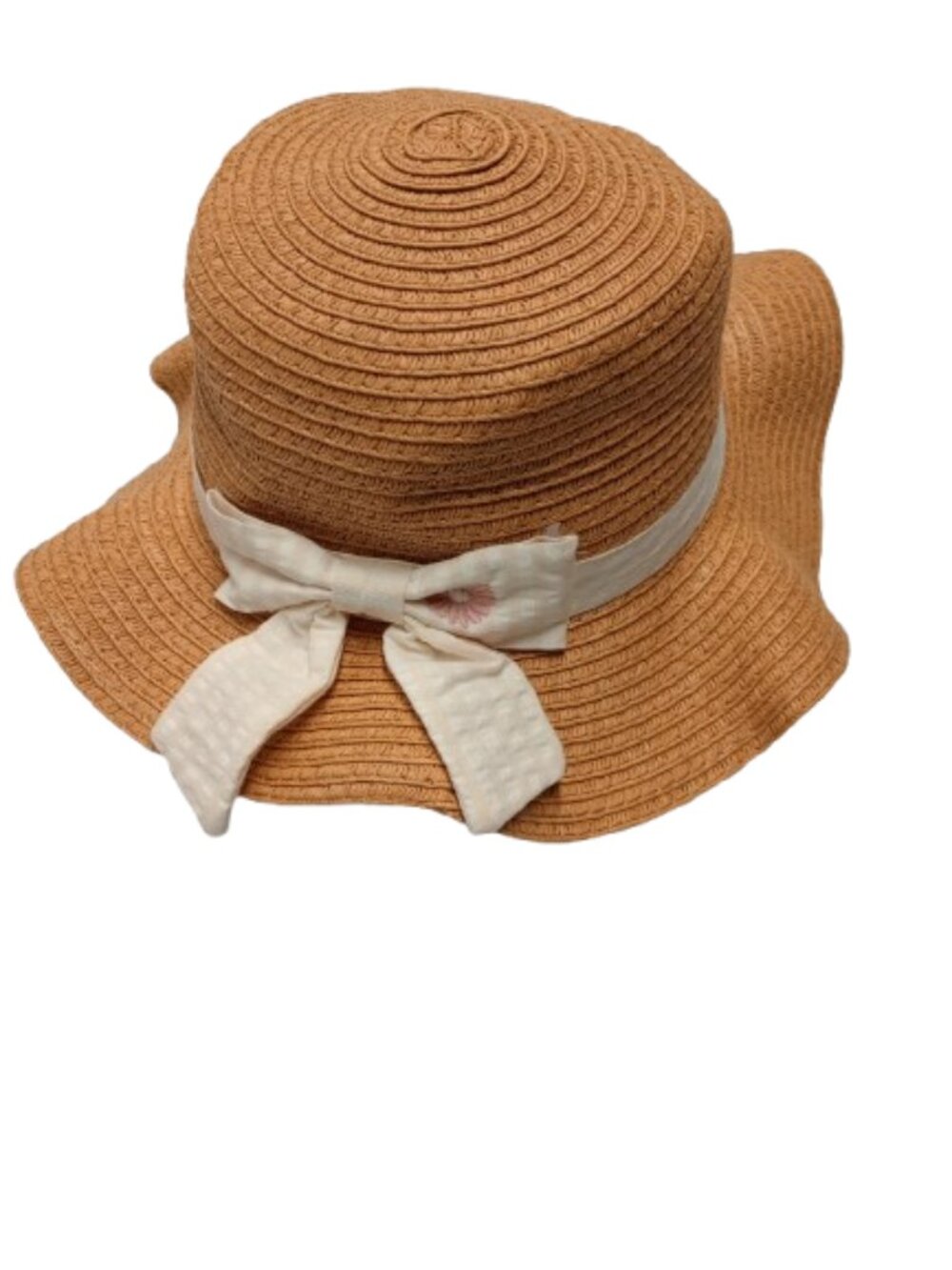 Happily Grey Girls Straw Sun Hat with White and Cream Bow One Size NWT